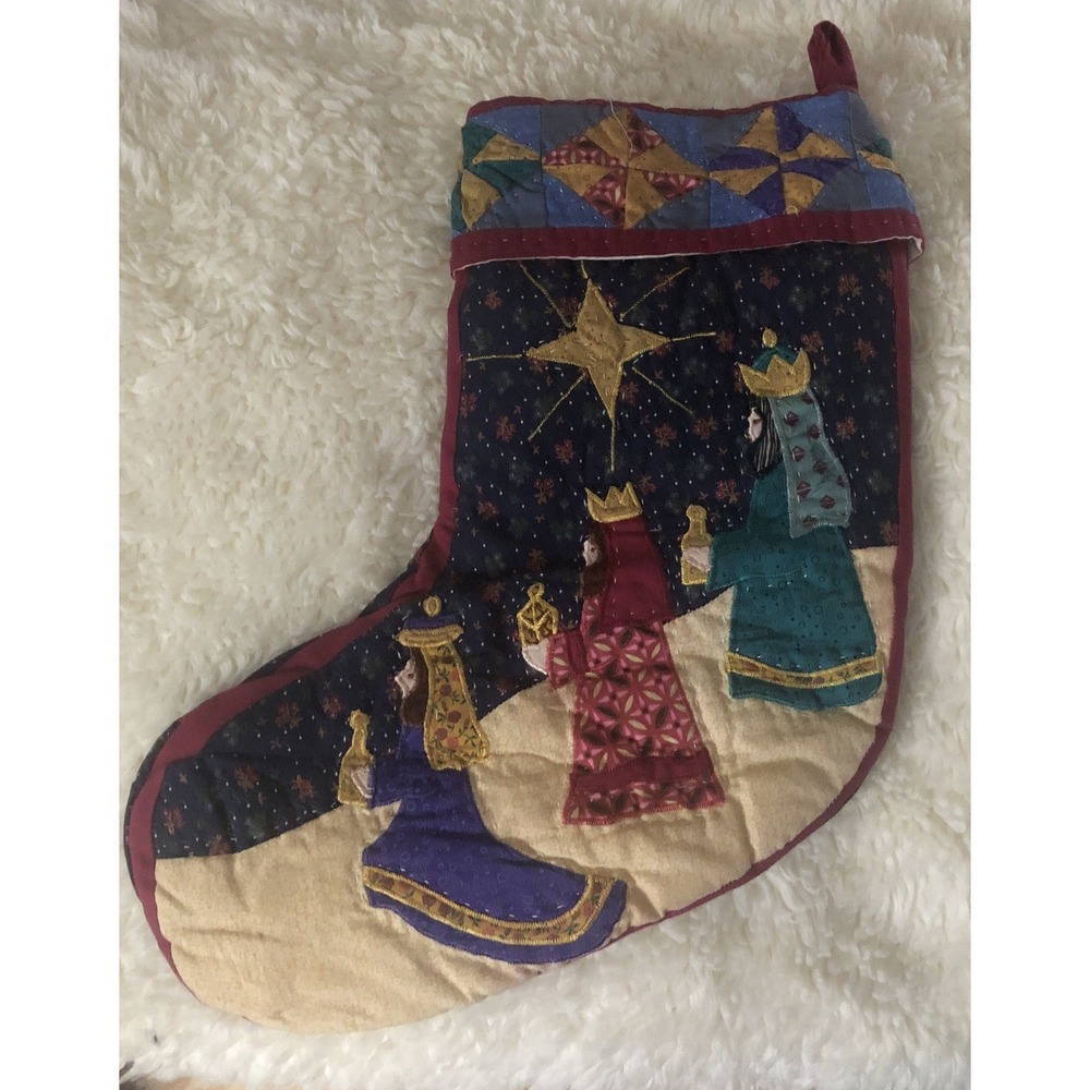 Vintage Christmas Stocking Quilted 21 Inch 3 Wise Men W/Gifts Star Of Bethlehem